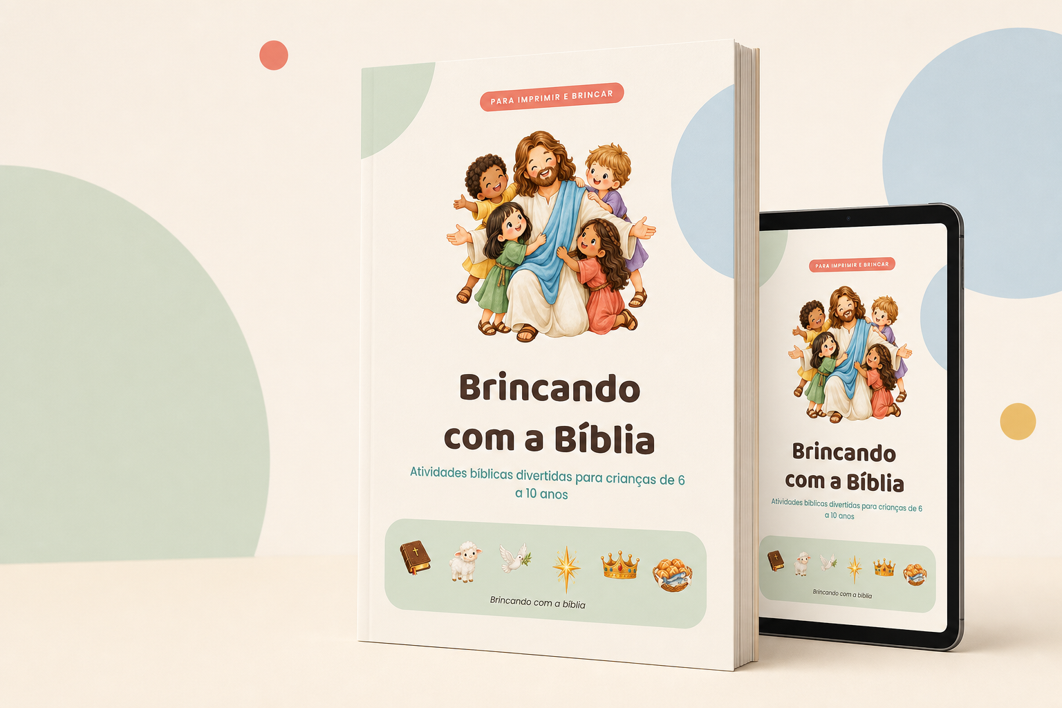 Capa do material Brincando com a Bíblia, com Jesus e quatro crianças, em livro impresso e tablet