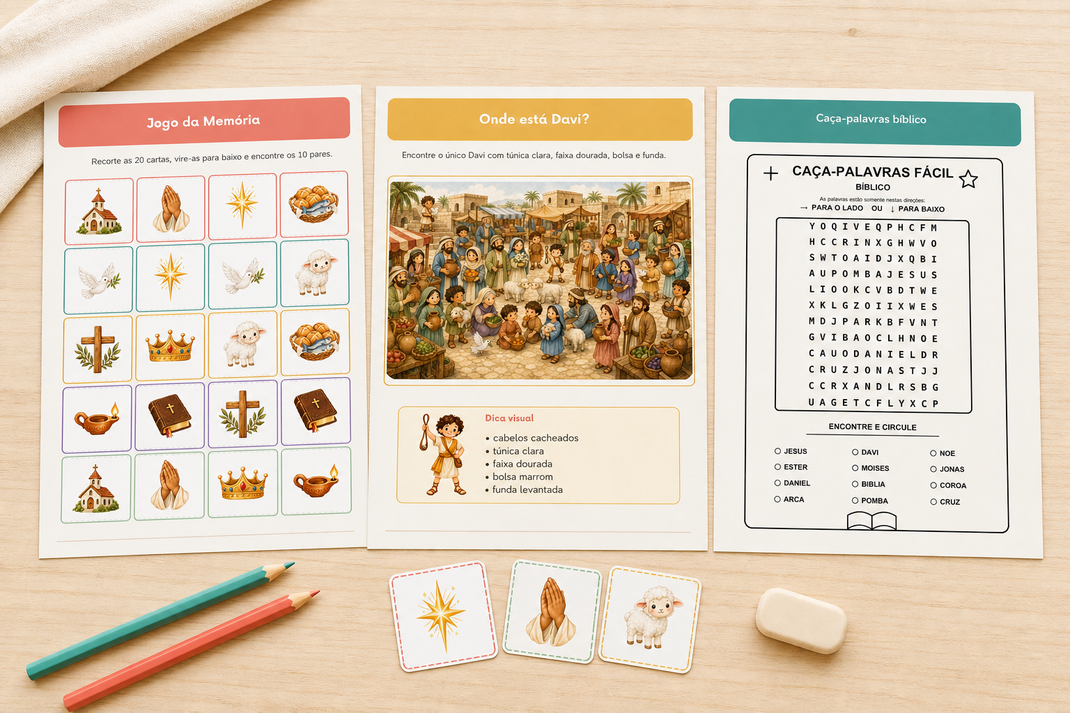 Páginas de atividades: jogo da memória, encontre Davi e caça-palavras bíblico